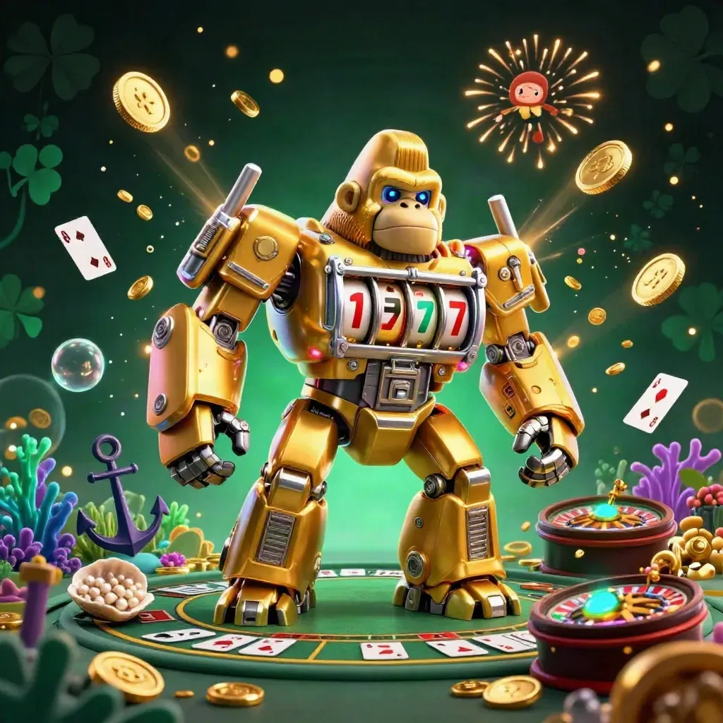 Golden gorilla mech and monkey pilot amid coin burst, coral, cards, and casino props