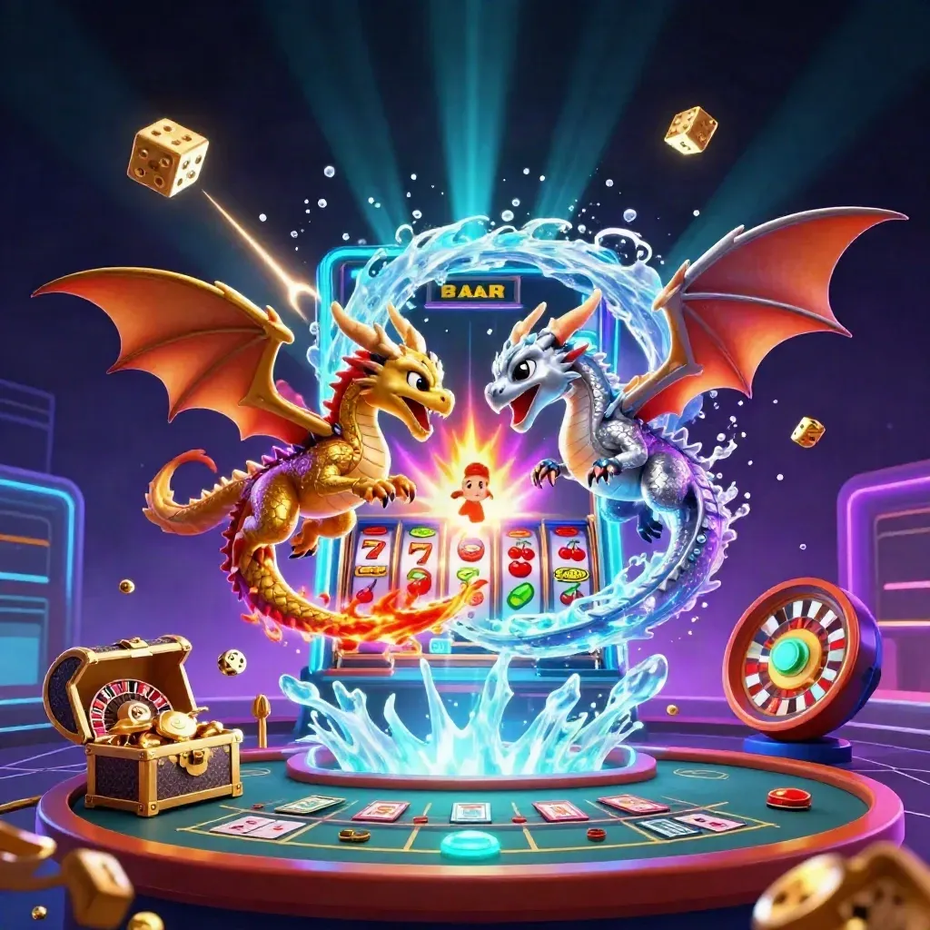 Gold and silver dragons burst from a vault with coins, fireworks, and casino symbols.