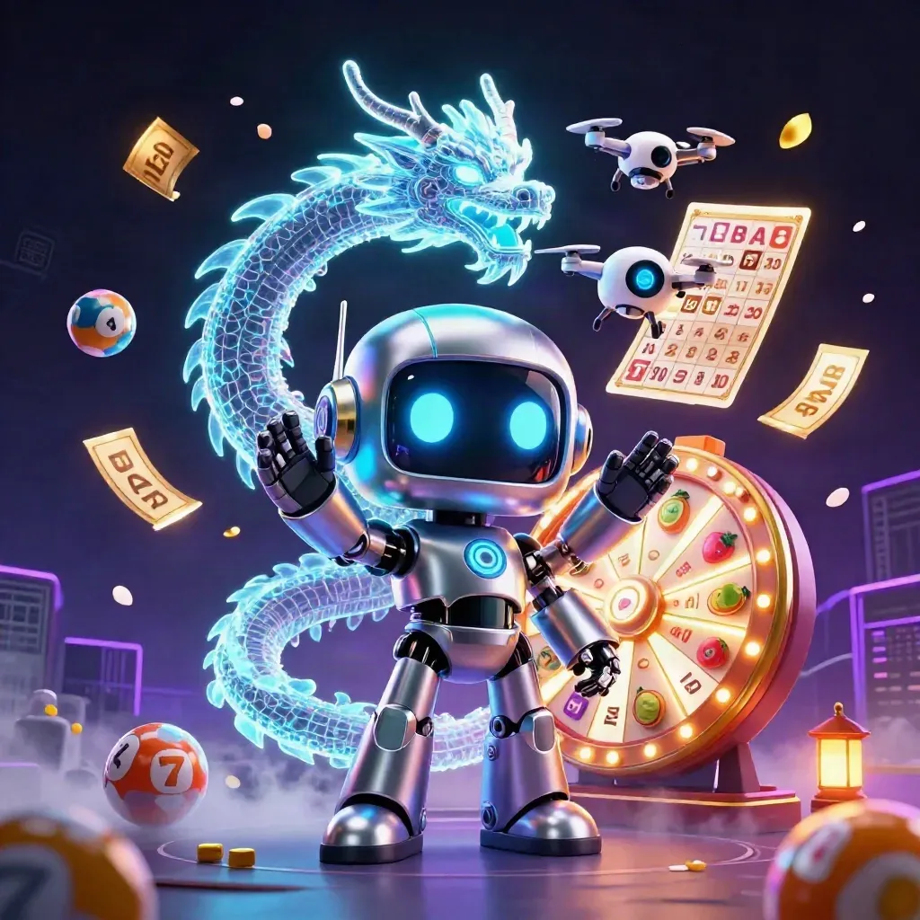Cyberpunk robot, holographic dragon and coin drone amid casino symbols in neon dark key art.