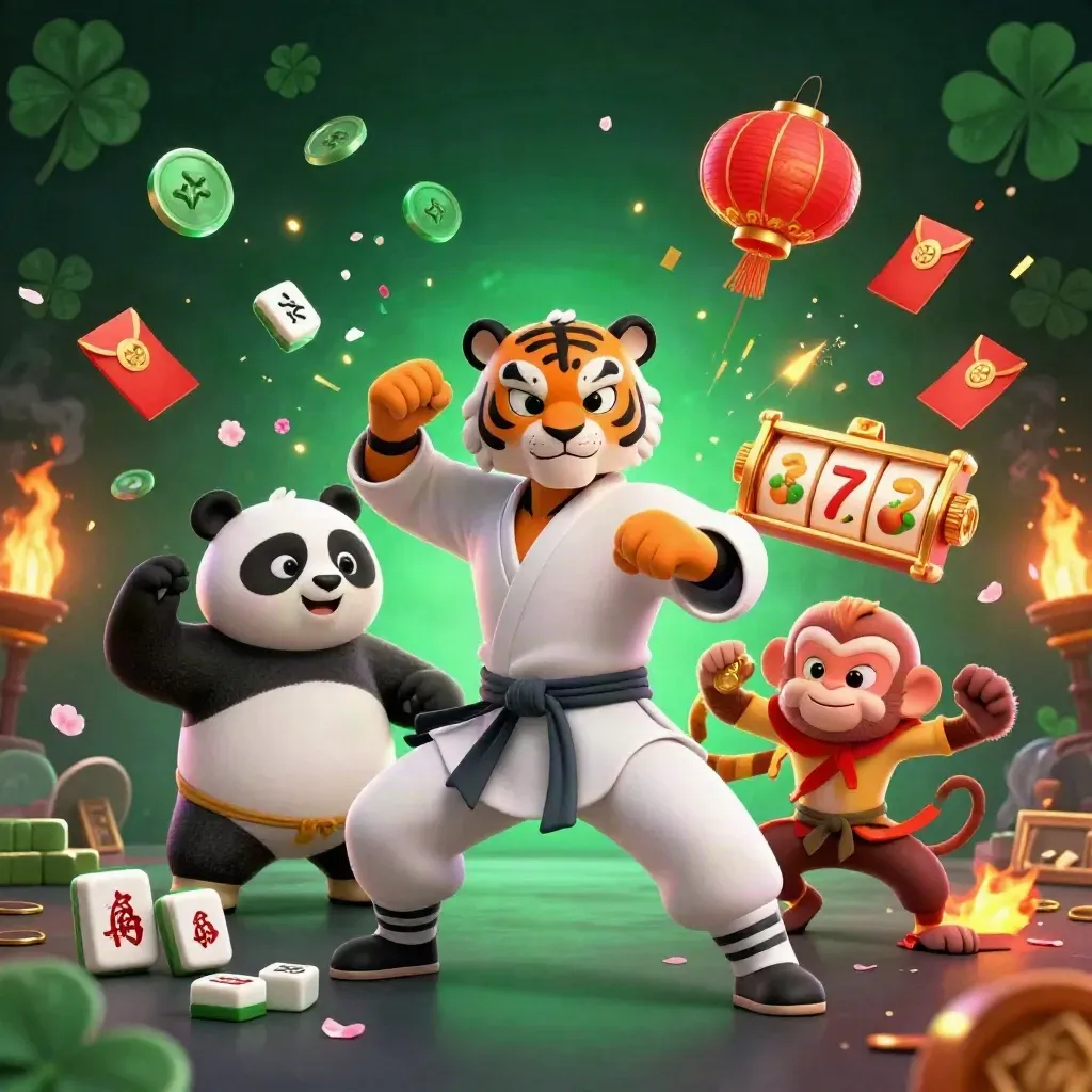 Tiger, panda, and monkey in a neon casino kung-fu splash with coins, lanterns, and fireworks.