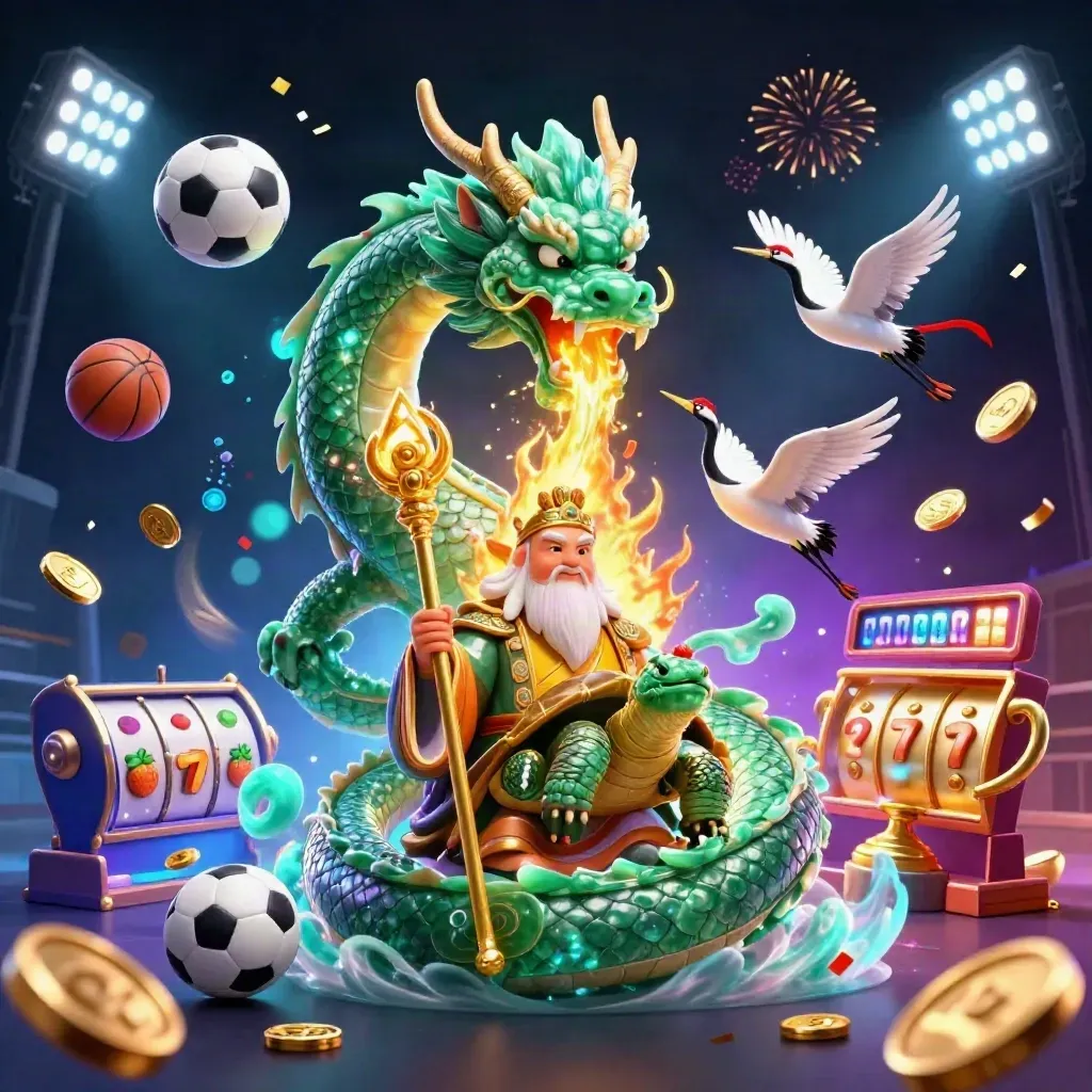 Emerald dragon, turtle sage and cranes amid gold fire, sports balls, coins and neon casino effects.