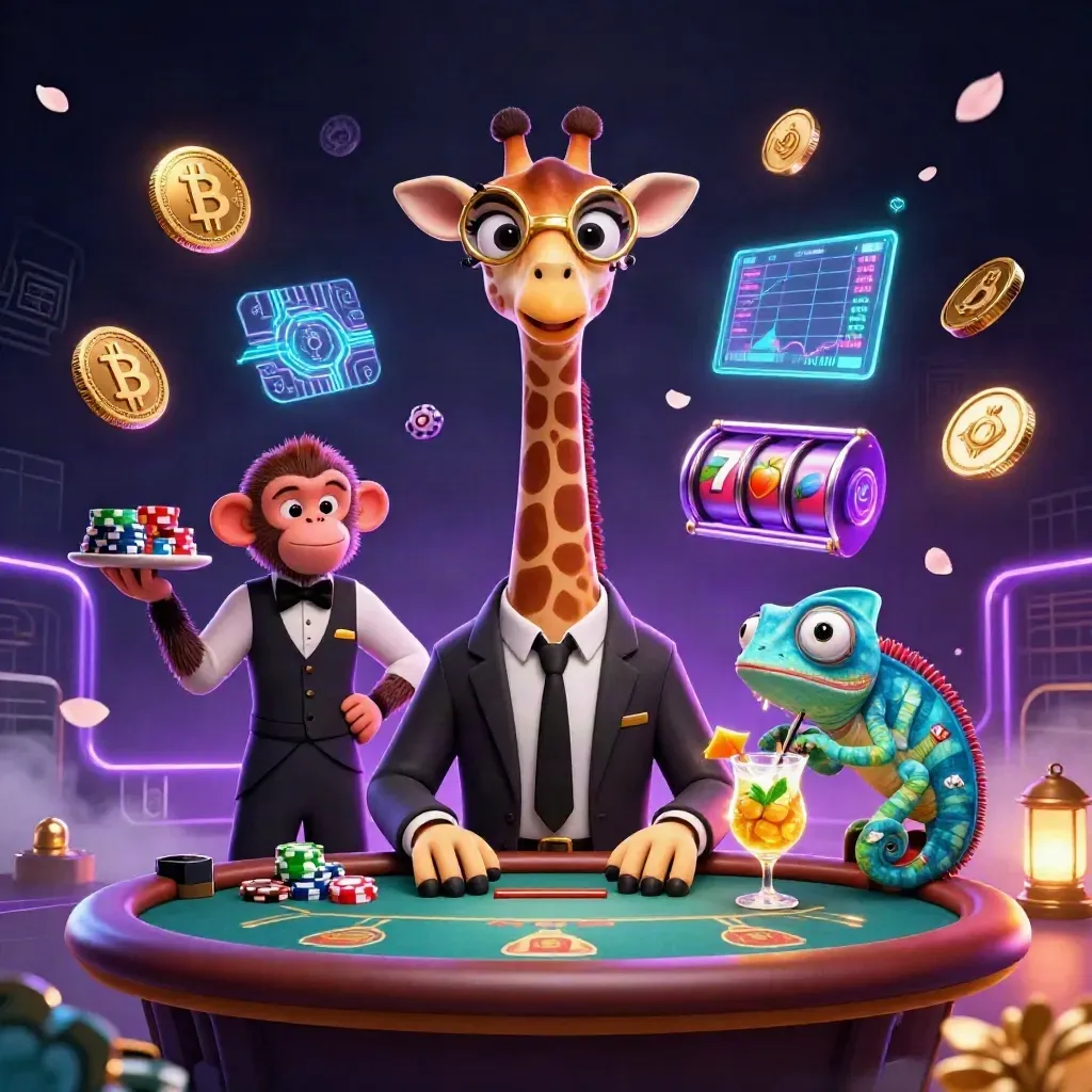 Giraffe, monkey, and chameleon at a neon VIP poker table with coins, charts, and casino effects