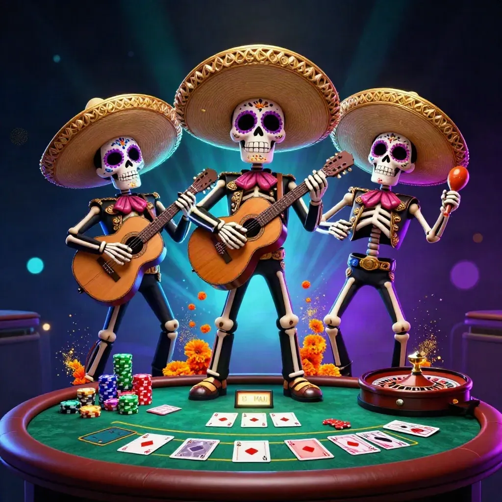 Skeleton mariachi trio amid chips, cards, roulette, and neon casino glow