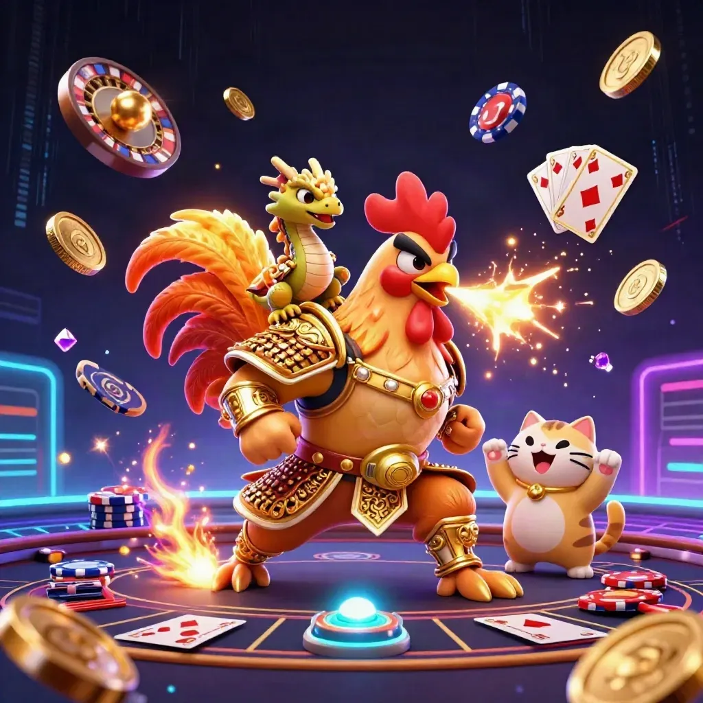 Rooster warrior, dragon hatchling, and fortune-cat amid casino coins, cards, chips, and neon sparks.