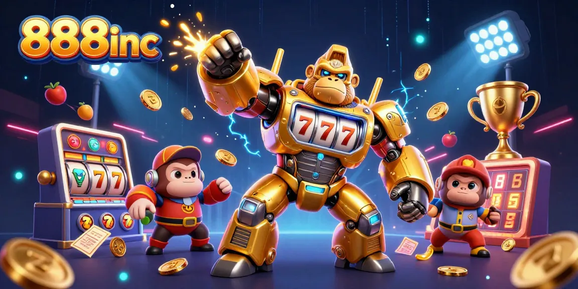 Engage with 888inc's dynamic gaming experience featuring a golden gorilla mech and slot elements.