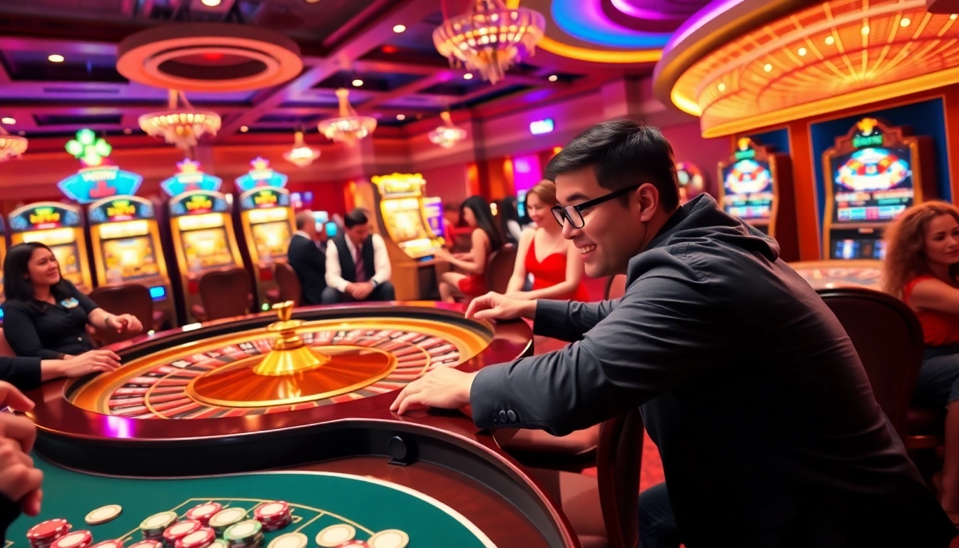 Experience the excitement of 13Win with players engaged at a roulette table and vibrant slot machines.