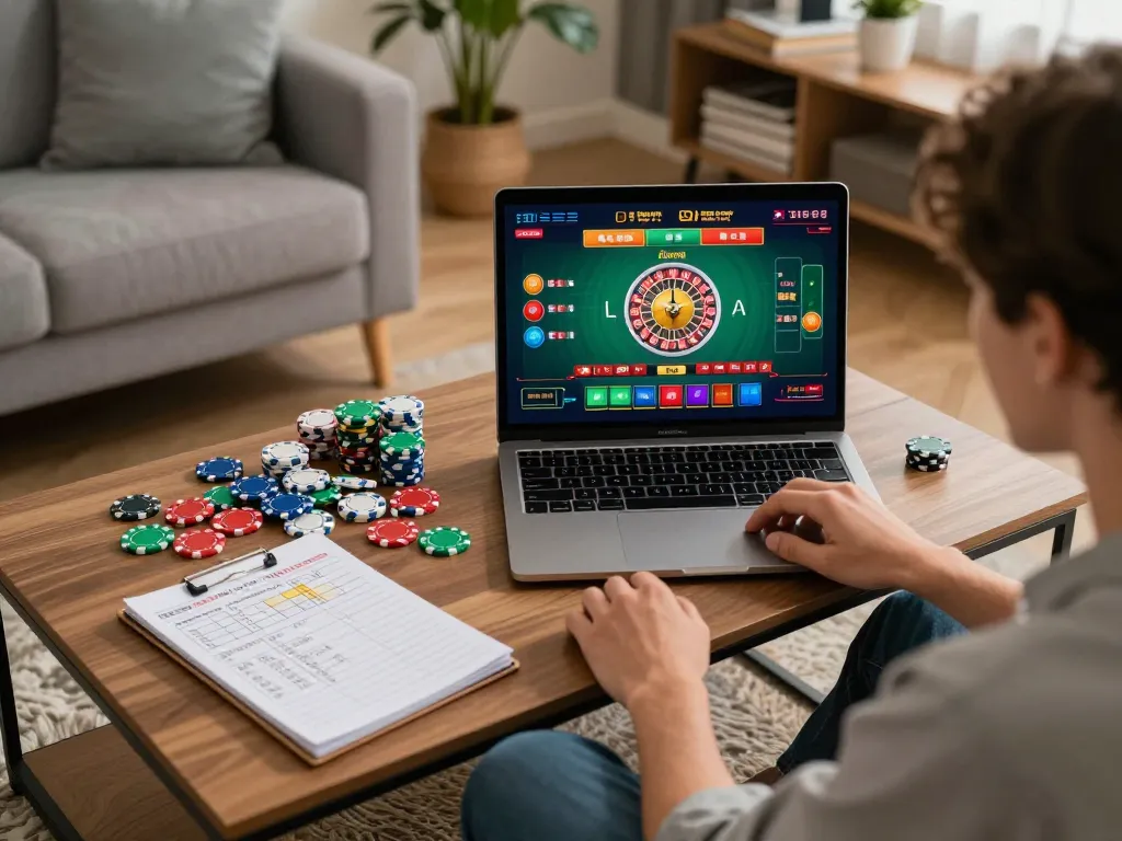 Engaging online casino gaming at https://kjc.events/ with laptop showing live dealer roulette.