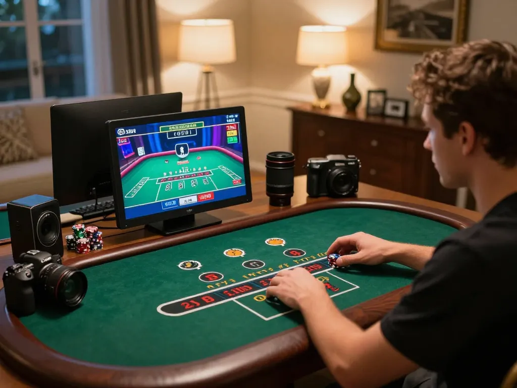 Engaging with RR88's live dealer game on a tablet in a cozy atmosphere, showcasing online gambling strategy.