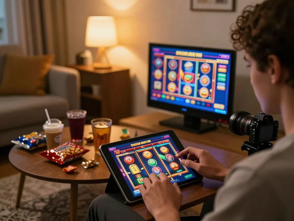 Playing slot gacor hari ini on tablet in a cozy home setting, showcasing vibrant game interface.