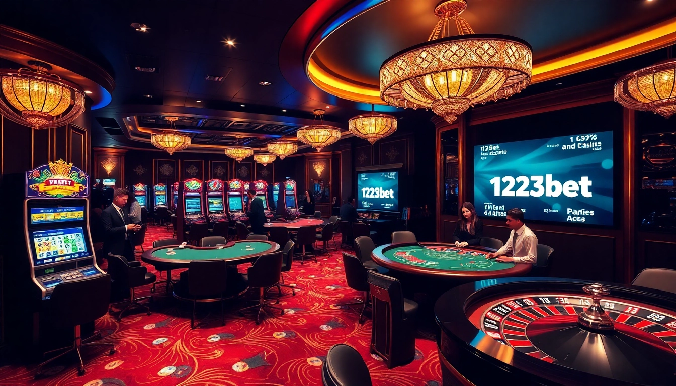 Players enjoy the electric atmosphere of 123bet with stylish decor and casino games.