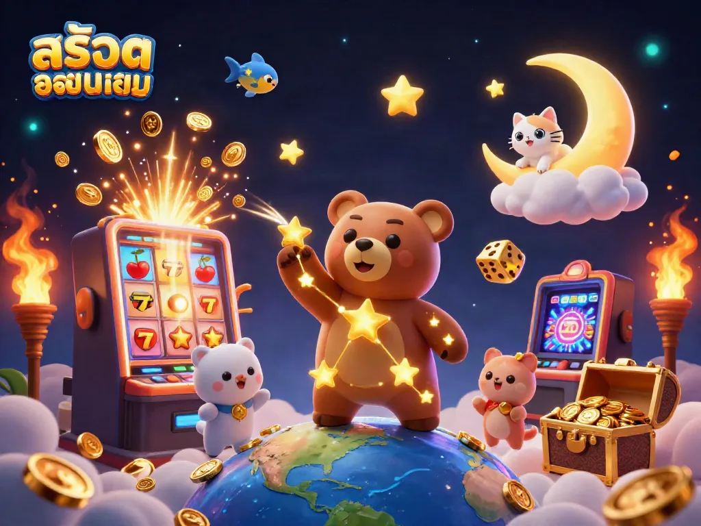 Engaging illustration of สล็อตยอดนิยม featuring a constellation bear, jackpot slot machine, and vibrant casino elements.