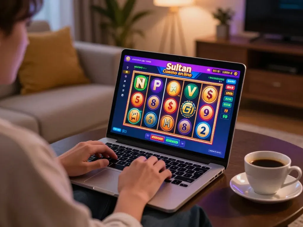 Experience wild sultan casino en ligne through an engaging online gaming scene featuring a player at home.