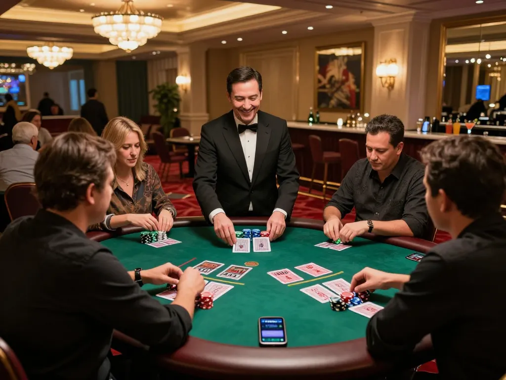 Players strategizing at a blackjack table at uk88 com casino, showcasing intense focus and gambling action.