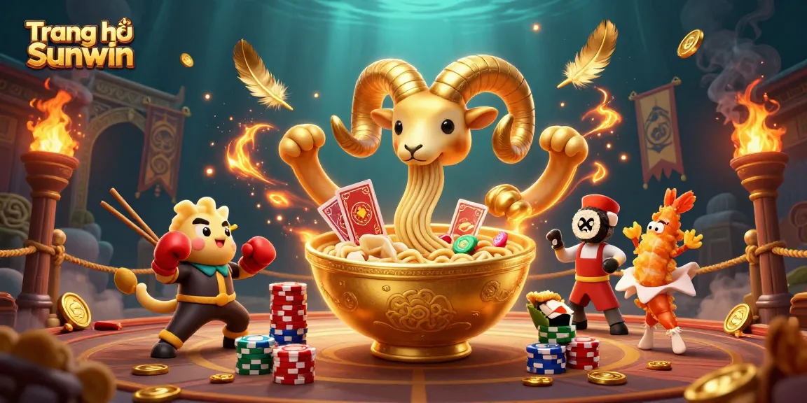 Experience Trang chủ Sunwin with the lively animation of a ramen bowl dealer amidst vibrant casino elements.