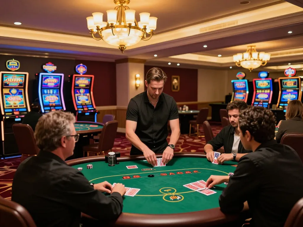 Jun88 players strategizing at a vibrant casino table in a luxurious setting