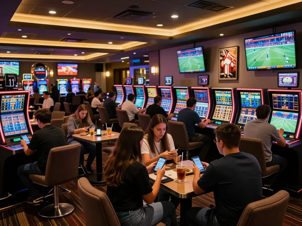 Excited sports bettors analyzing odds using their mobile devices at Nowgoal's lively sports betting lounge.