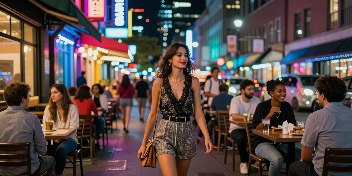 Gái gọi tại phố đêm sôi động với đèn neon và trang phục thời trang.