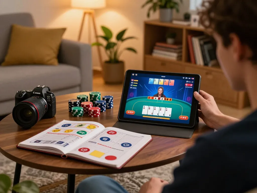 Engaging in debet online poker gaming strategy on a tablet at home, creating a thrilling gambling atmosphere.