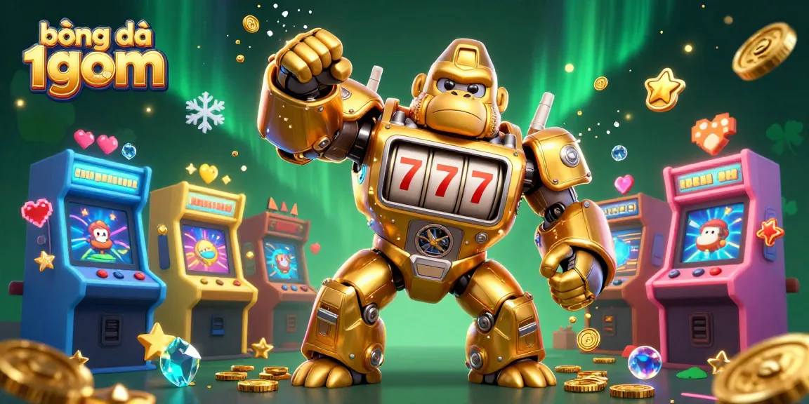 Experience bóng đá 1gom excitement with a golden gorilla mech in a vibrant casino scene.