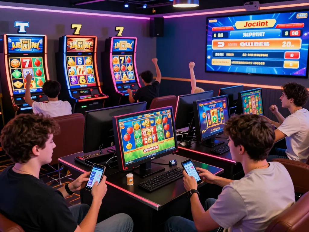 Players enjoying zeus138 online slot games in a vibrant gaming lounge filled with neon lights and colorful slot graphics.