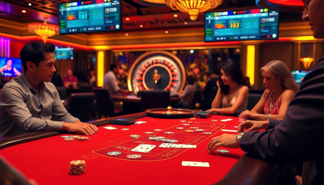 Experience qh88 as players strategize at a vibrant casino table filled with excitement and action.
