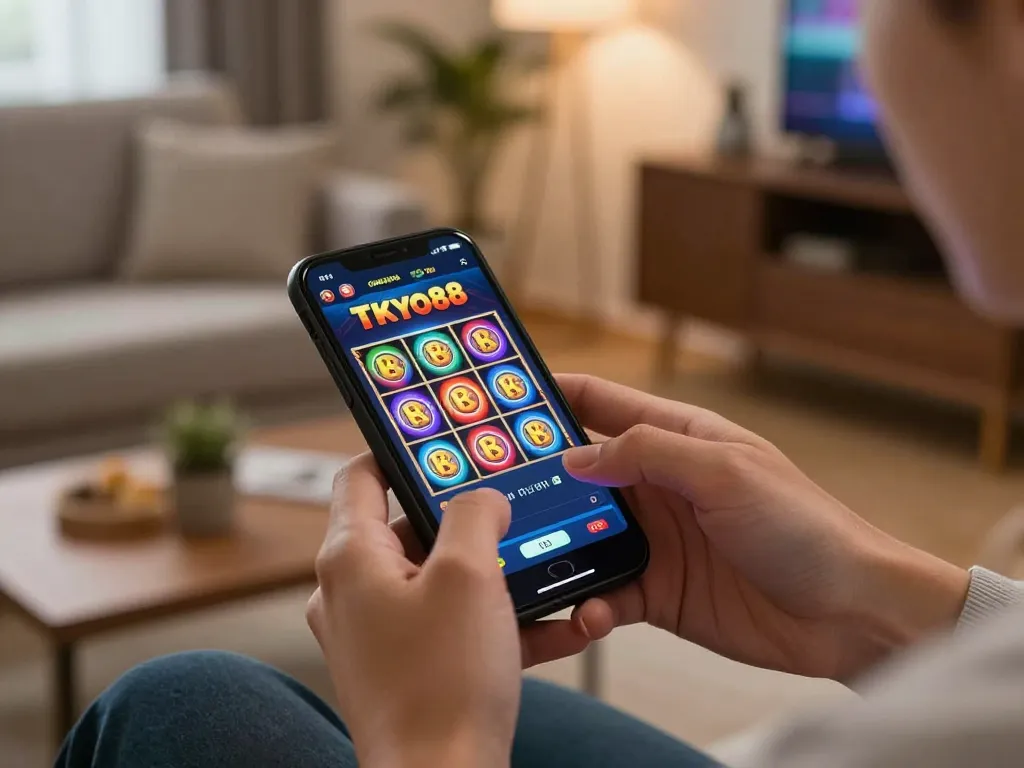 Pemain menikmati permainan slot mobile tokyo88 di smartphone mereka dalam suasana ruang tamu yang nyaman.