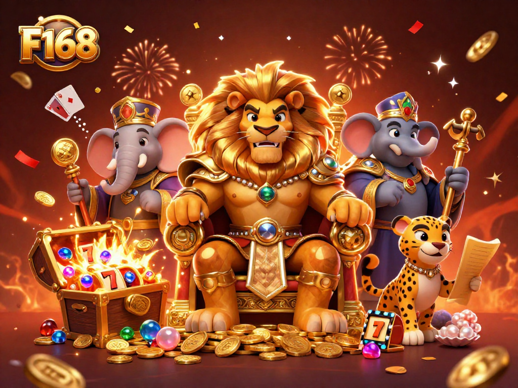 F168 promotes excitement with dynamic gambling elements and a fierce lion king illustration.