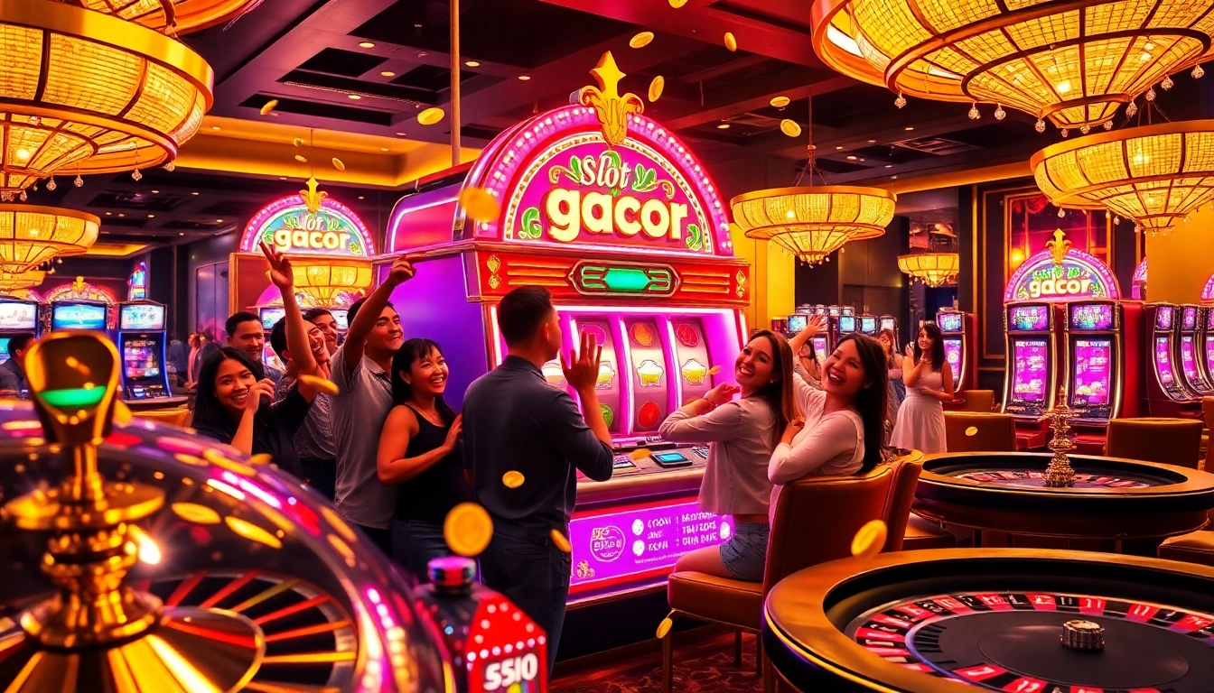 Excited players revel in the wins at the slot gacor machine in a vibrant casino atmosphere.