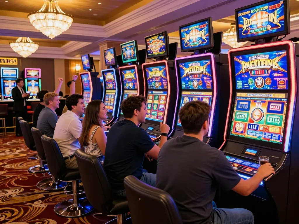Engaging crowd at a vibrant casino showcasing slot gacor hari ini with players celebrating wins.