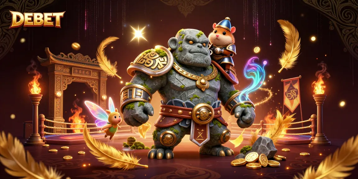 Experience the thrill of DEBET with a vibrant, magical casino scene featuring a stone golem guardian and fairy
