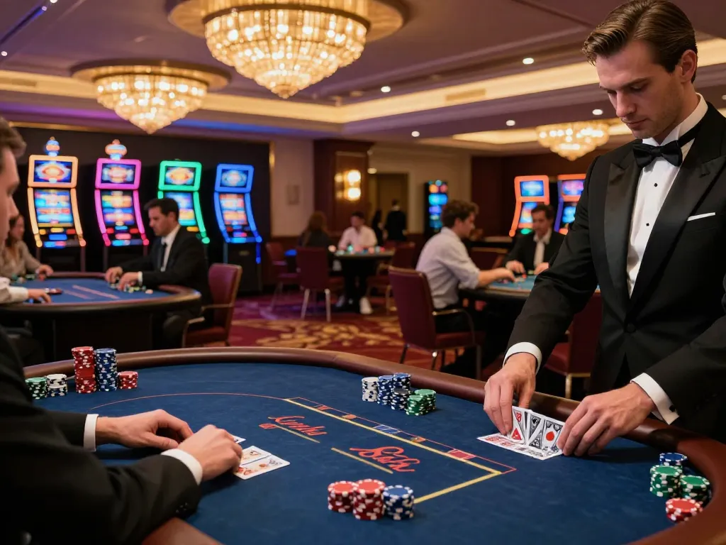 Players engaging in strategic poker gameplay at MMOO casino under warm chandelier lighting.