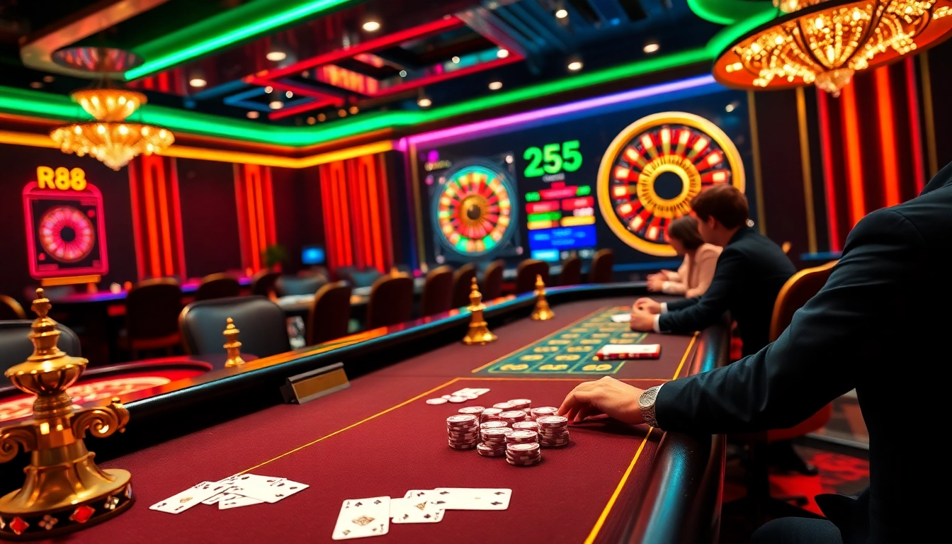 Players enjoying high-stakes gambling at RR88 casino tables, showcasing vibrant action and excitement.