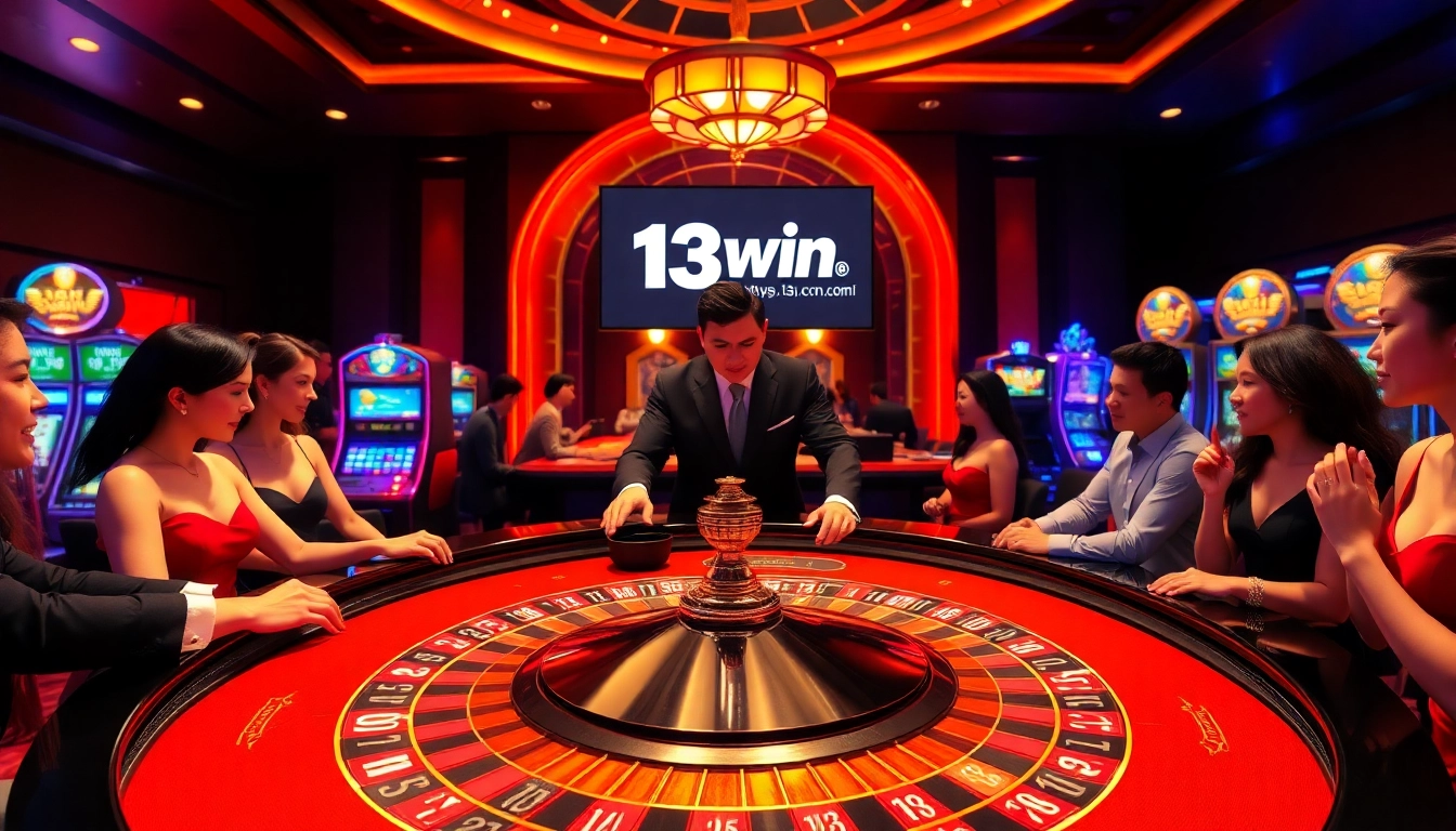 Gambling excitement at https://13win1.cn.com/ featuring a luxurious roulette table and thrilled players.