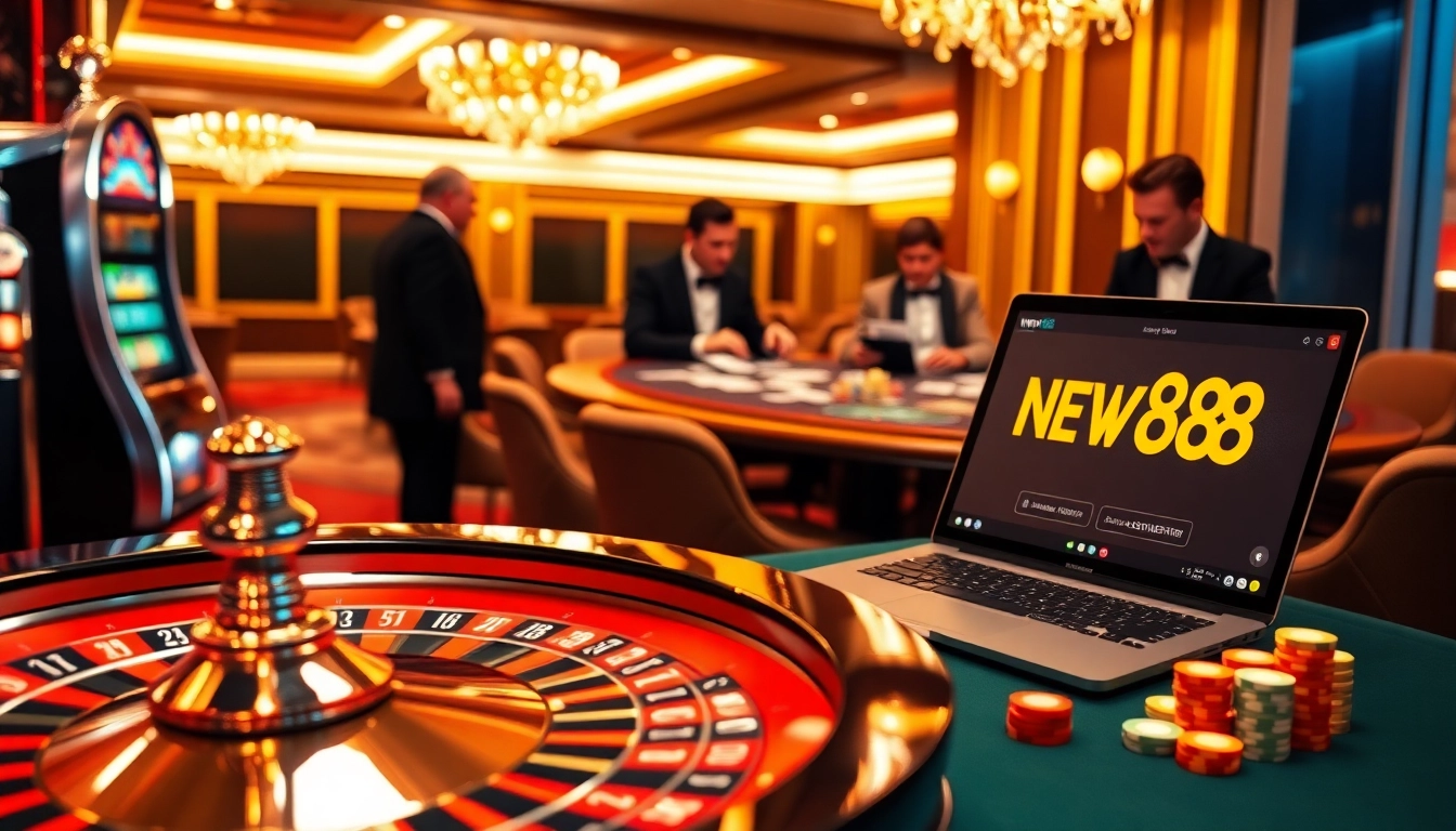 A vibrant casino scene showcasing slot machines and players engaging on https://new88.help/ with a luxurious atmosphere.