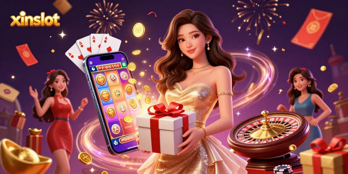 Experience the exciting world of xinslot with a glamorous casino scene featuring dynamic gaming elements and celebratory effects.
