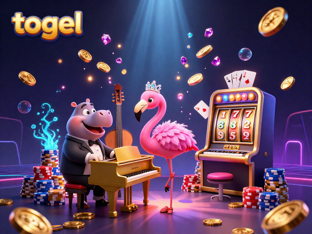 Engage with togel excitement in a vibrant casino scene showcasing winning elements and lively characters.