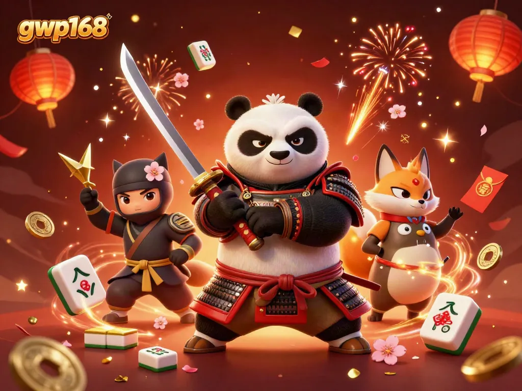 Permainan judi seru di GWP168 dengan panda samurai dan ninja rubah dalam suasana meriah