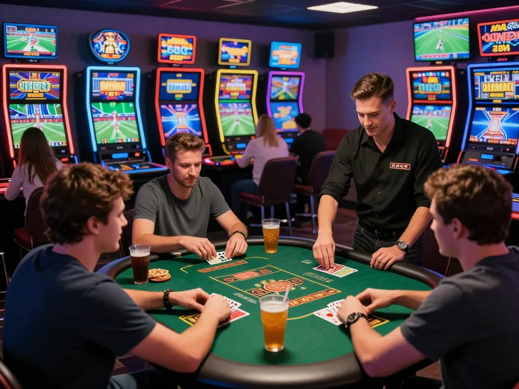 Friends enjoying online gambling at https://kuwincom.net/ with card games and sports betting in a vibrant lounge.