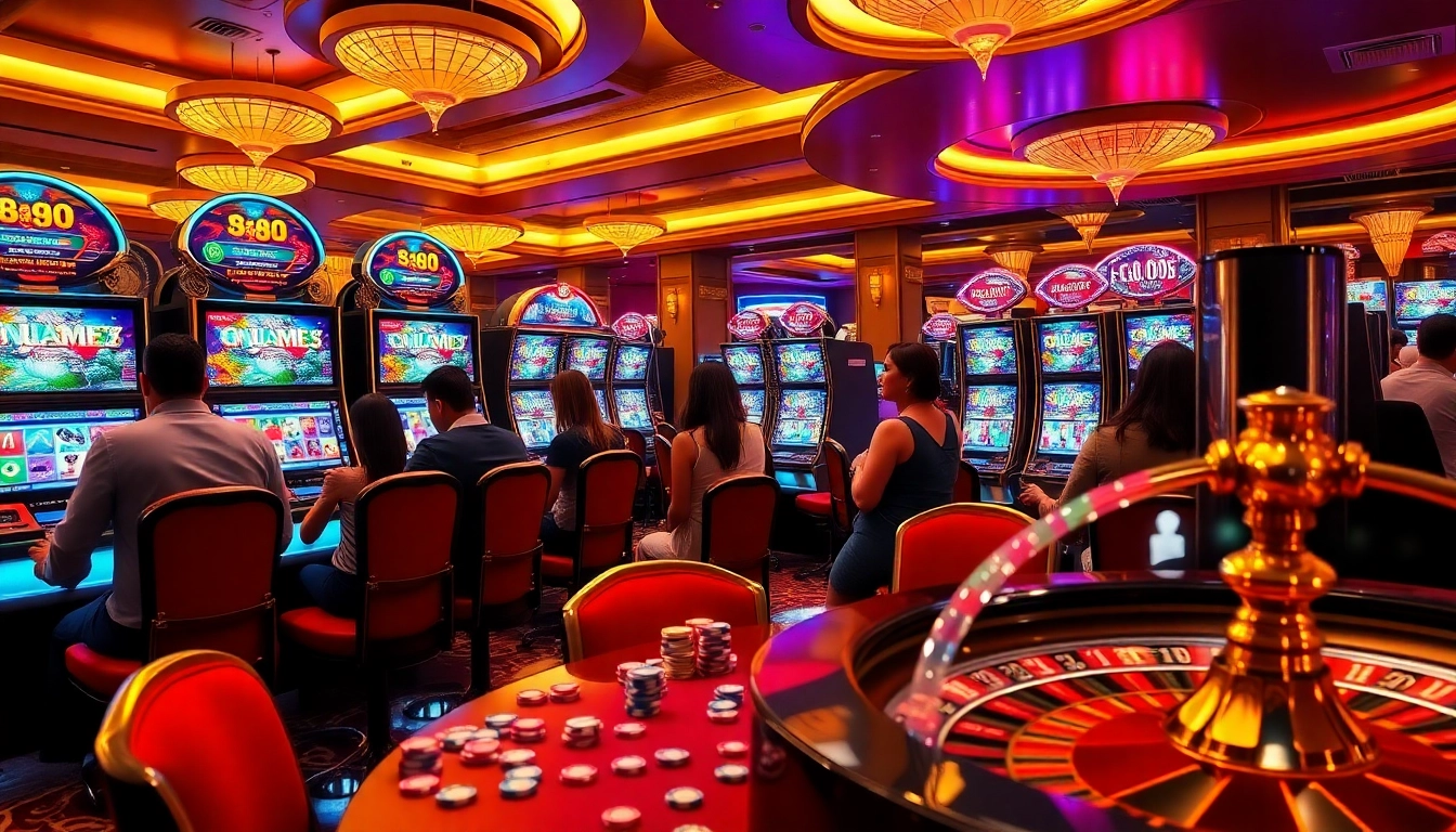 Players enjoying the thrilling experience of slot 888 at a vibrant casino, showcasing high-end gaming.