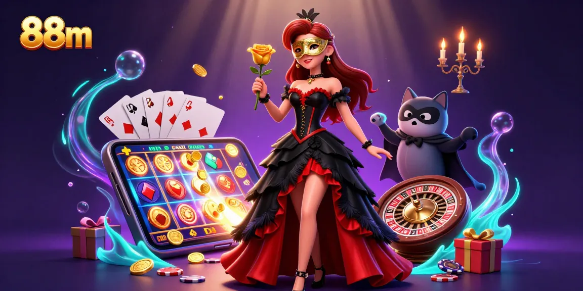 Experience the excitement of 88m with vibrant slot games and captivating characters in this casino-themed illustration.