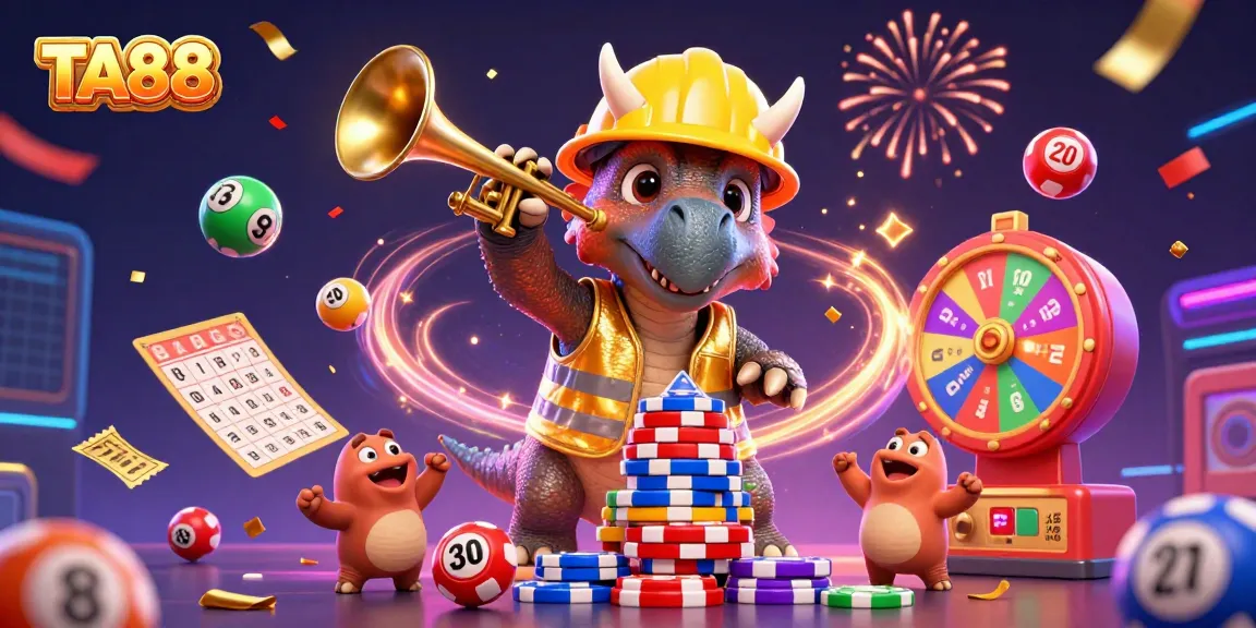 Experience the thrill of TA88 with a lively illustration of a triceratops celebrating a poker victory.
