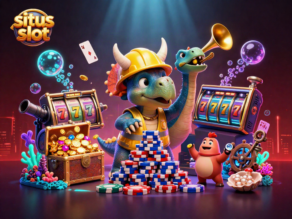 Slot gacor yang meriah menampilkan dinosaur dan elemen kasino dalam ilustrasi 3D