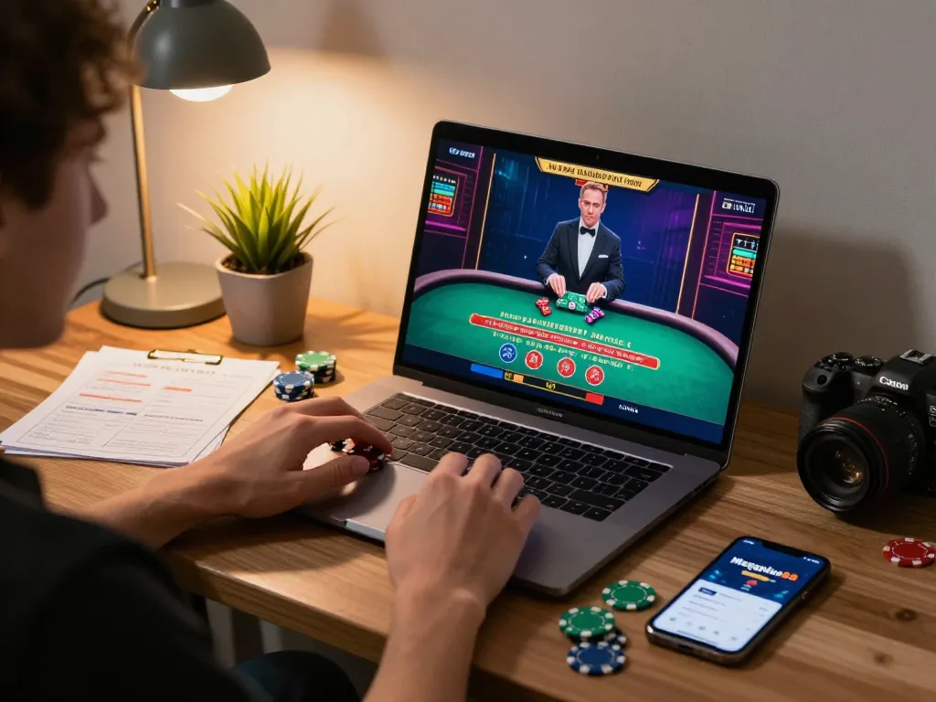 Player enjoying a live blackjack game with megaplus88 displayed on the laptop screen, showcasing a dynamic online gaming setup.