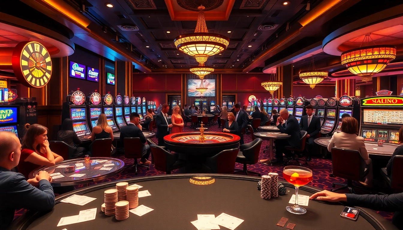 SODO casino scene featuring vibrant gaming tables, excited players, and a spinning roulette wheel.