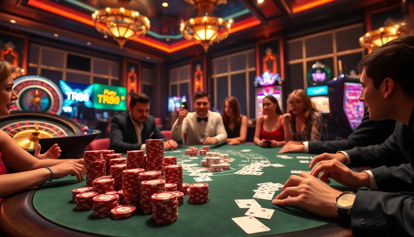 Experience the excitement of TR88 with a vibrant casino scene featuring poker tables and roulette wheels.