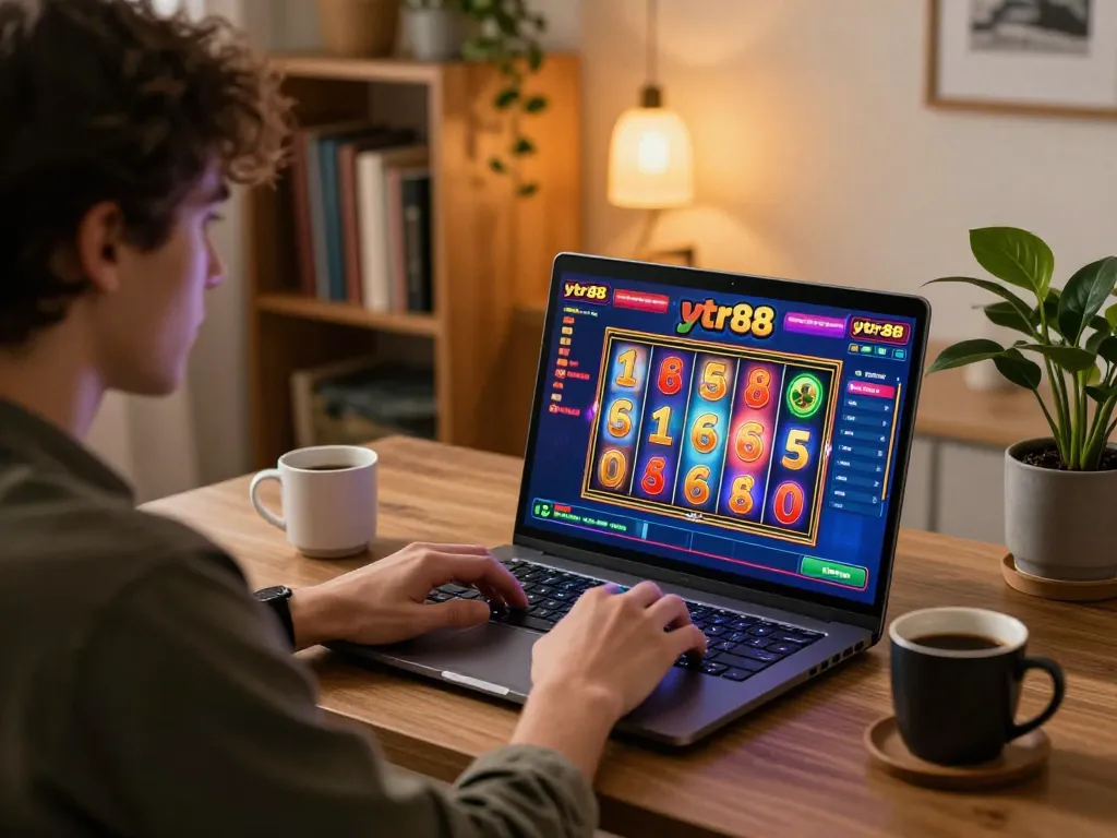 Player enjoying ytr88 online slots in a cozy home office setting with vibrant visuals