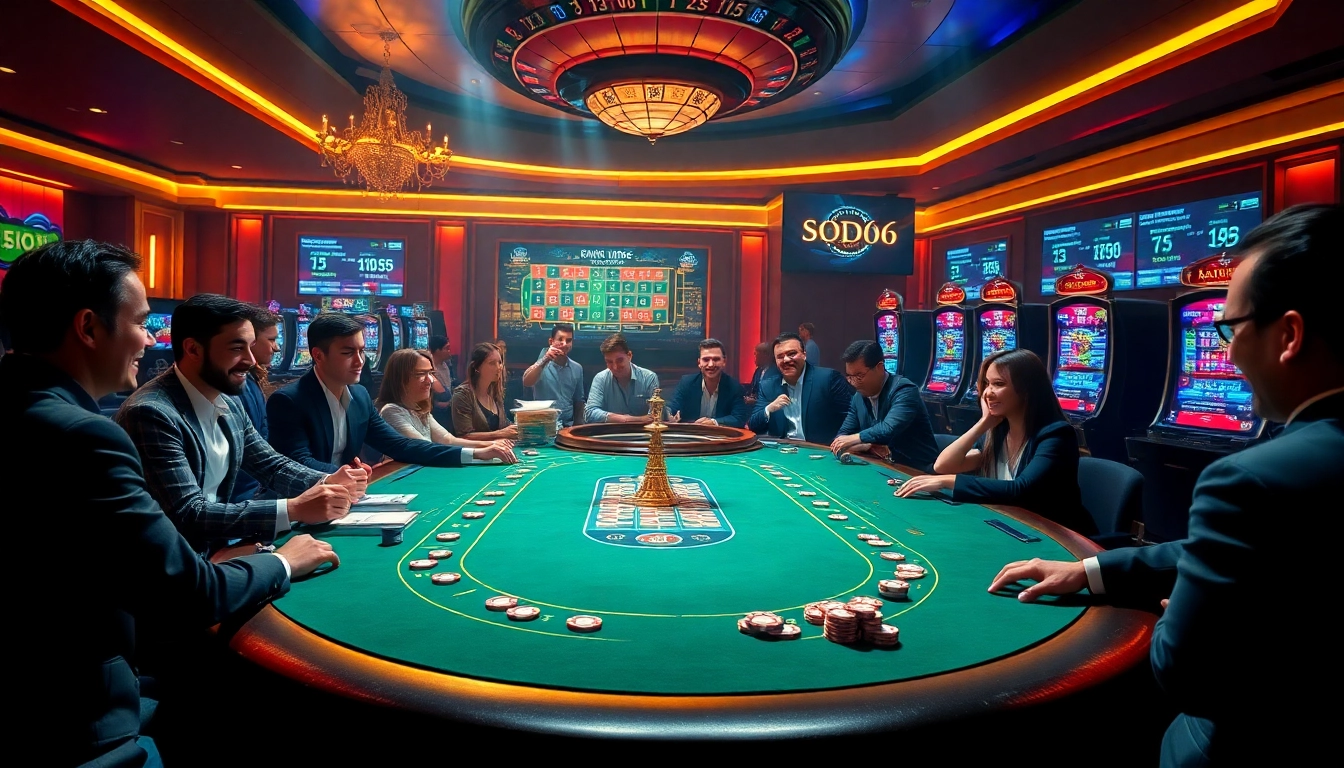 A lively SODO66 casino table featuring players engaged in a poker game surrounded by vibrant chips and a roulette wheel.
