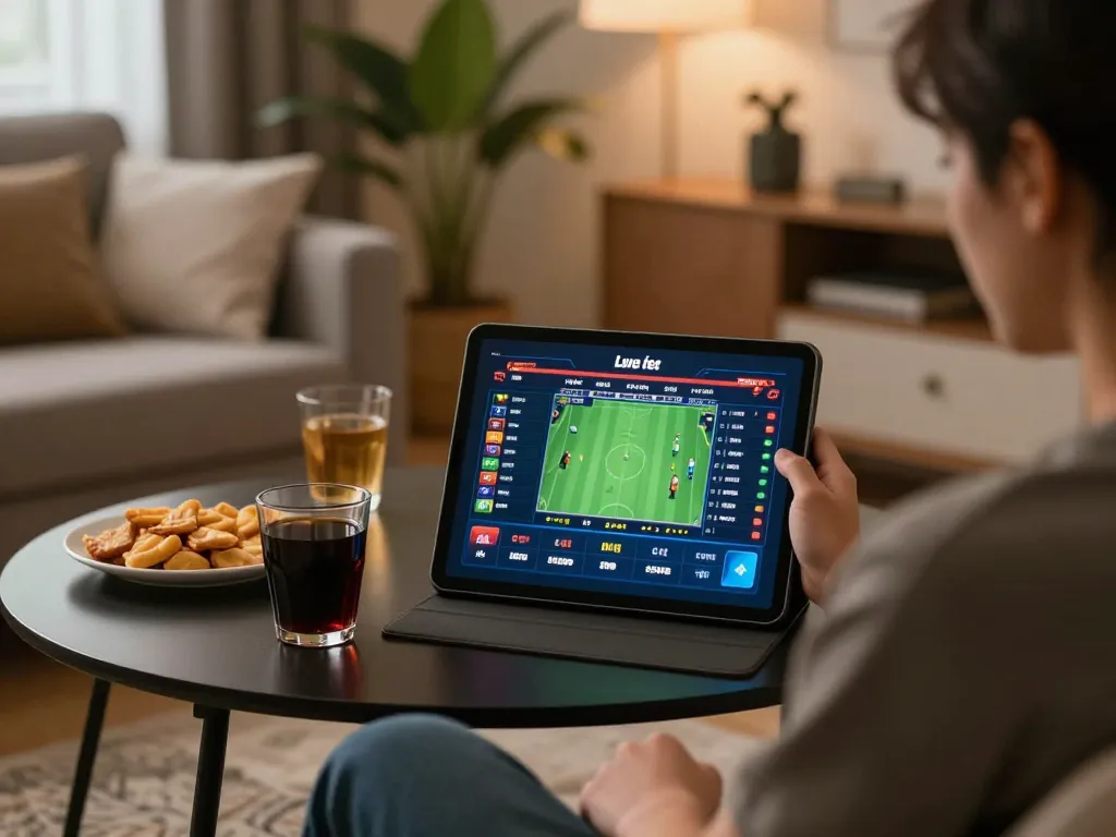Engaging in online sports betting, checking kèo nhà cái on a tablet in a cozy home setting.