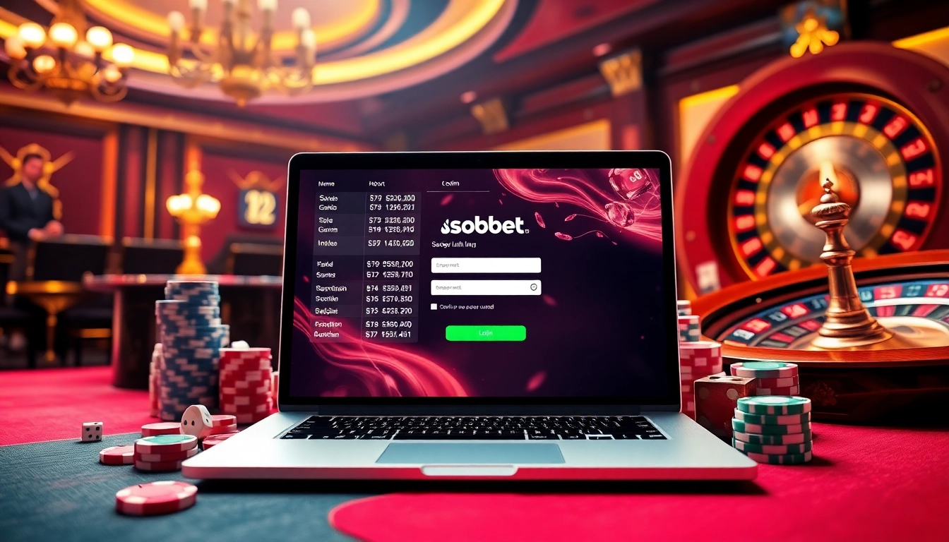 SboBet link login interface displayed within an elegant online casino environment featuring poker chips and a roulette wheel.