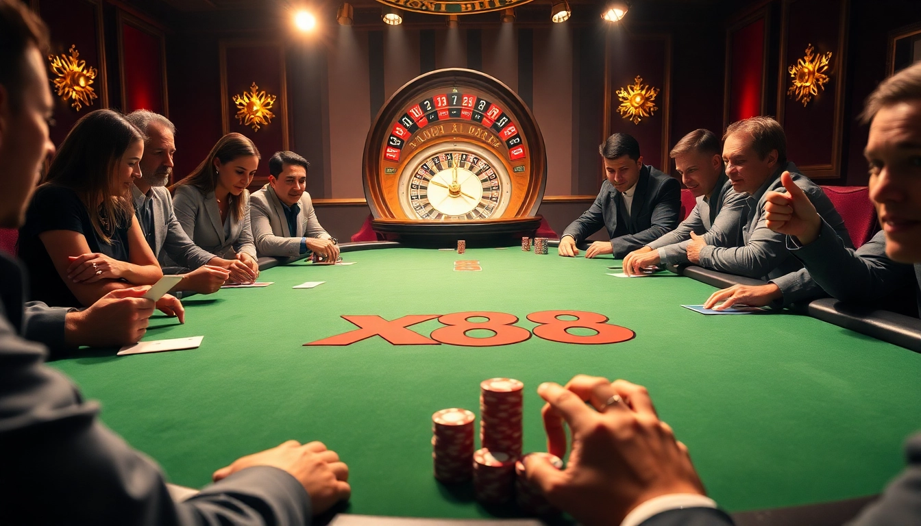 Players enjoying a thrilling game at the poker table with xx 88 branding, showcasing excitement and high stakes.